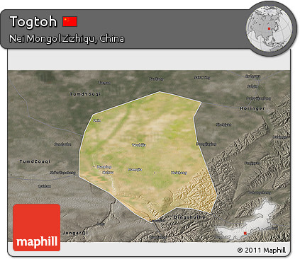 Satellite 3D Map of Togtoh, darken, semi-desaturated