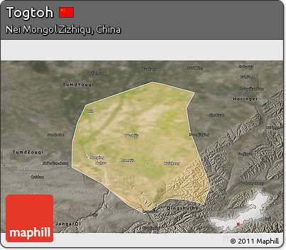 Satellite 3D Map of Togtoh, darken, semi-desaturated