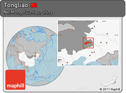 Gray Location Map of Tongliao, highlighted country, highlighted parent region, hill shading