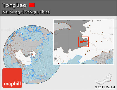 Gray Location Map of Tongliao, highlighted country, highlighted parent region, hill shading