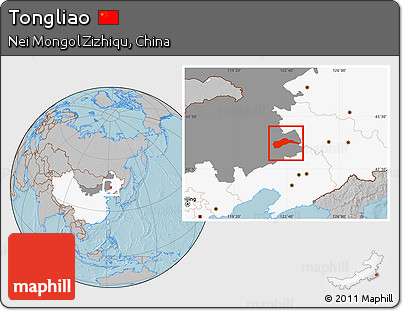 Gray Location Map of Tongliao, highlighted country, highlighted parent region, hill shading