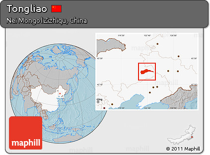 Gray Location Map of Tongliao, highlighted country, hill shading