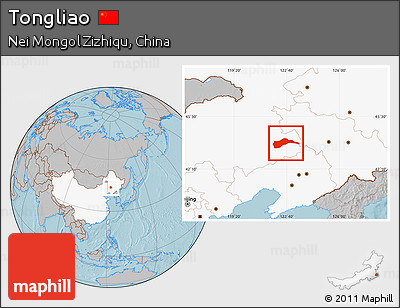 Gray Location Map of Tongliao, highlighted country, hill shading