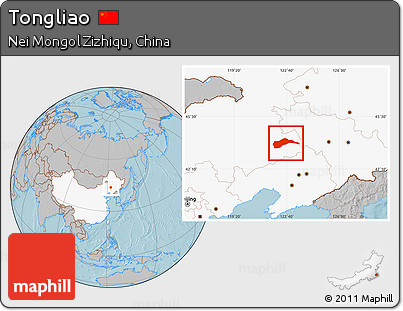 Gray Location Map of Tongliao, highlighted country, hill shading