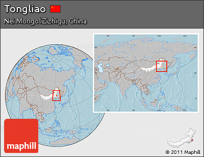 Gray Location Map of Tongliao, highlighted parent region, within the entire country, hill shading