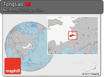 Gray Location Map of Tongliao, highlighted parent region, hill shading