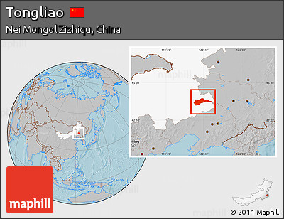 Gray Location Map of Tongliao, highlighted parent region, hill shading