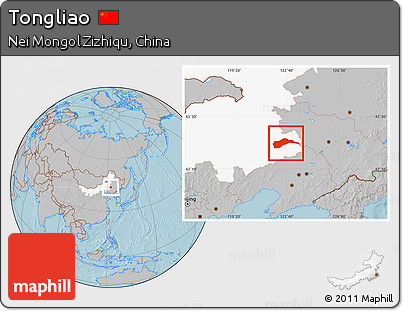 Gray Location Map of Tongliao, highlighted parent region, hill shading