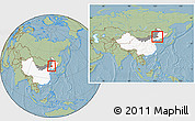 Savanna Style Location Map of Tongliao, highlighted country, highlighted parent region, within the entire country, hill shading