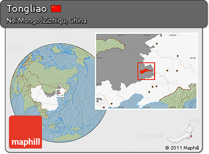 Savanna Style Location Map of Tongliao, highlighted country, highlighted parent region, hill shading