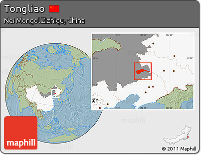Savanna Style Location Map of Tongliao, highlighted country, highlighted parent region, hill shading