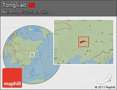Savanna Style Location Map of Tongliao, hill shading