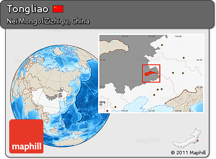 Shaded Relief Location Map of Tongliao, highlighted country, highlighted parent region