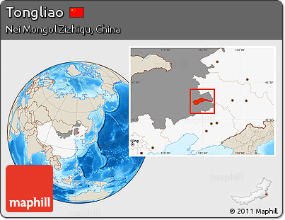 Shaded Relief Location Map of Tongliao, highlighted country, highlighted parent region