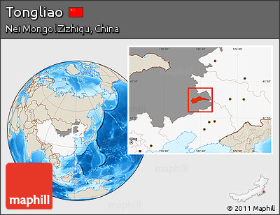 Shaded Relief Location Map of Tongliao, highlighted country, highlighted parent region