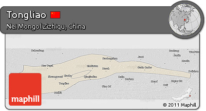 Shaded Relief Panoramic Map of Tongliao, desaturated