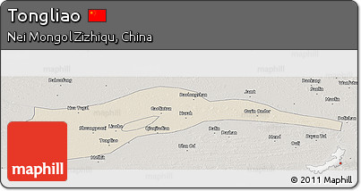 Shaded Relief Panoramic Map of Tongliao, semi-desaturated