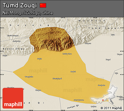 Physical Map of Tumd Zouqi, shaded relief outside