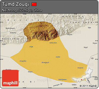 Physical Map of Tumd Zouqi, shaded relief outside