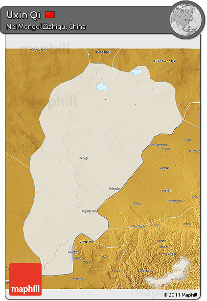 Shaded Relief 3D Map of Uxin Qi, physical outside