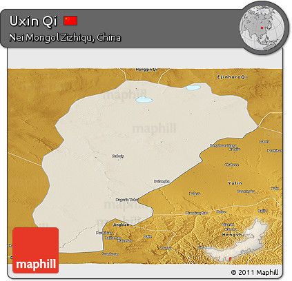 Shaded Relief Panoramic Map of Uxin Qi, physical outside