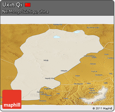 Shaded Relief Panoramic Map of Uxin Qi, physical outside