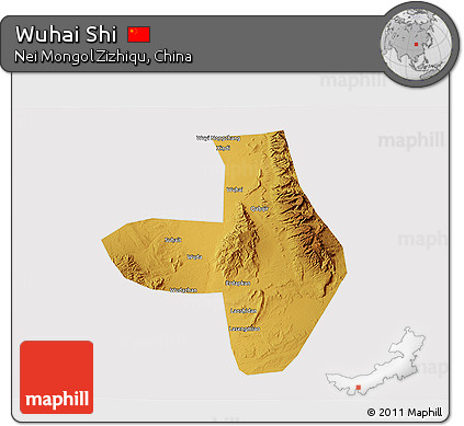 Physical 3D Map of Wuhai Shi, cropped outside