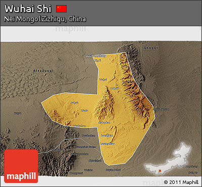 Physical 3D Map of Wuhai Shi, darken, semi-desaturated