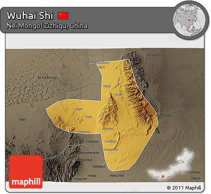Physical 3D Map of Wuhai Shi, darken, semi-desaturated