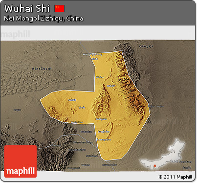 Physical 3D Map of Wuhai Shi, darken, semi-desaturated