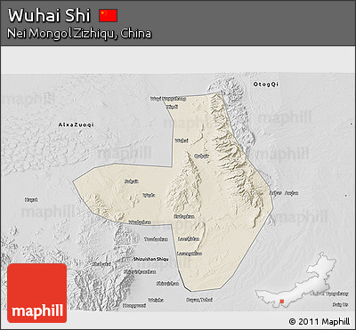 Shaded Relief 3D Map of Wuhai Shi, desaturated
