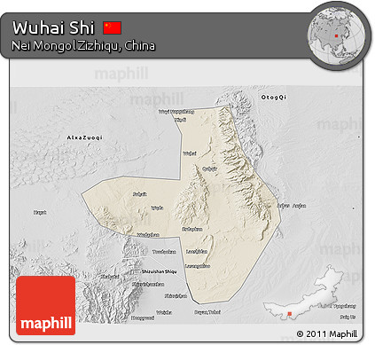 Shaded Relief 3D Map of Wuhai Shi, desaturated