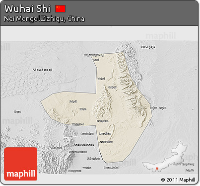 Shaded Relief 3D Map of Wuhai Shi, desaturated