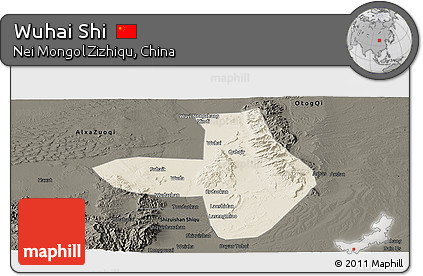 Shaded Relief Panoramic Map of Wuhai Shi, darken