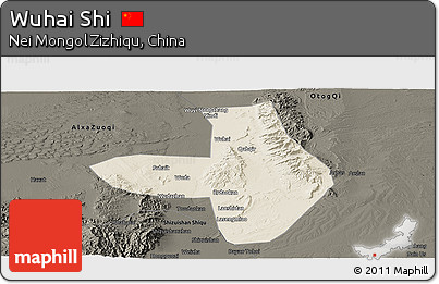 Shaded Relief Panoramic Map of Wuhai Shi, darken
