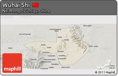 Shaded Relief Panoramic Map of Wuhai Shi, semi-desaturated