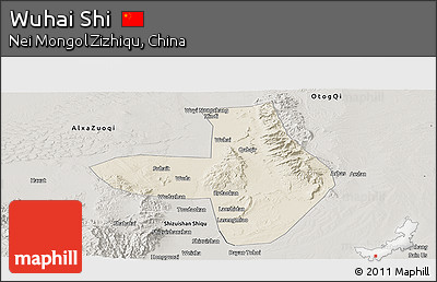Shaded Relief Panoramic Map of Wuhai Shi, semi-desaturated