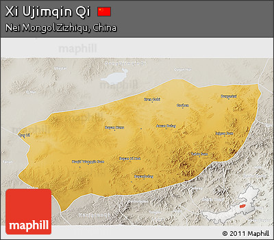 Physical 3D Map of Xi Ujimqin Qi, lighten, semi-desaturated