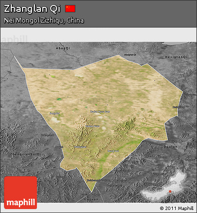 Satellite 3D Map of Zhanglan Qi, darken, desaturated