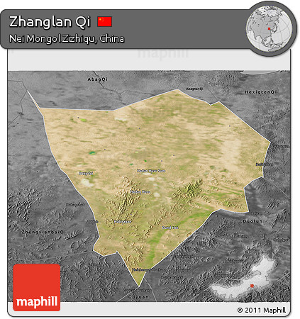 Satellite 3D Map of Zhanglan Qi, darken, desaturated