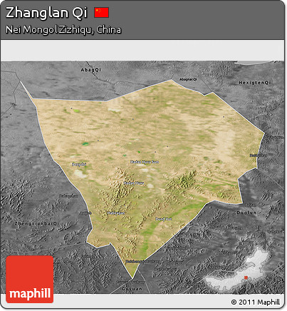 Satellite 3D Map of Zhanglan Qi, darken, desaturated