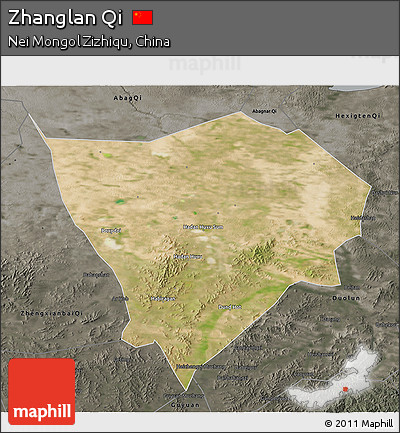 Satellite 3D Map of Zhanglan Qi, darken, semi-desaturated
