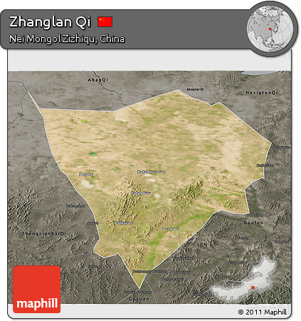 Satellite 3D Map of Zhanglan Qi, darken, semi-desaturated