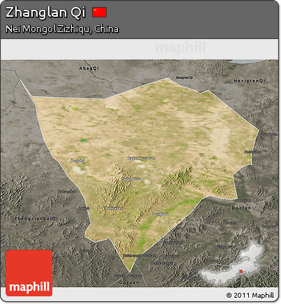 Satellite 3D Map of Zhanglan Qi, darken, semi-desaturated