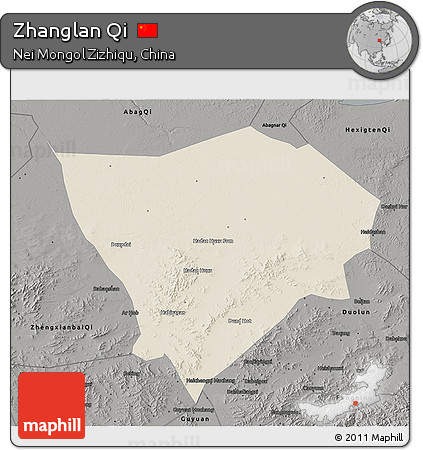 Shaded Relief 3D Map of Zhanglan Qi, darken, semi-desaturated
