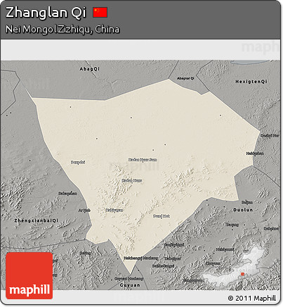 Shaded Relief 3D Map of Zhanglan Qi, darken, semi-desaturated