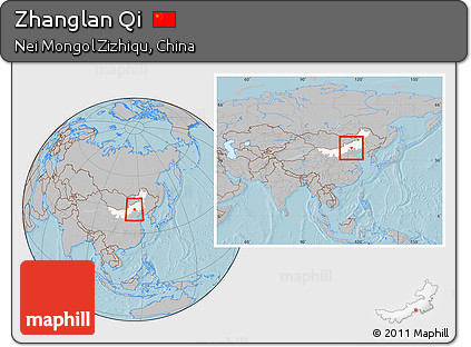 Gray Location Map of Zhanglan Qi, highlighted parent region, within the entire country, hill shading