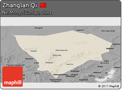 Shaded Relief Panoramic Map of Zhanglan Qi, darken, desaturated