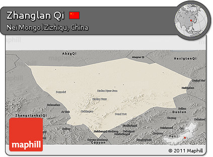 Shaded Relief Panoramic Map of Zhanglan Qi, darken, semi-desaturated
