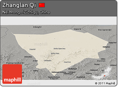 Shaded Relief Panoramic Map of Zhanglan Qi, darken, semi-desaturated